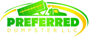 Logo for Preferred Dumpster LLC designed for a WordPress header, with a green dumpster truck above the company name in bold green and yellow text, accented by sweeping yellow and green arcs—ideal for Elementor site headers.