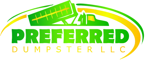 Logo for Preferred Dumpster LLC designed for a WordPress header, with a green dumpster truck above the company name in bold green and yellow text, accented by sweeping yellow and green arcs—ideal for Elementor site headers.