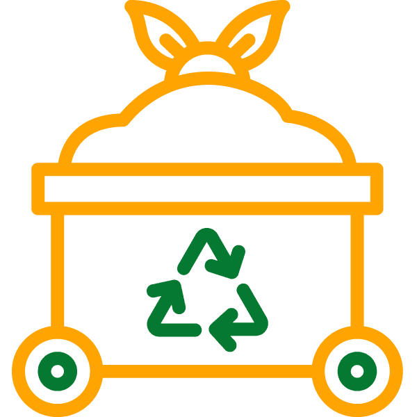 Illustration of a recycling bin with a recycling symbol on the front and a tied bag of waste inside the bin.